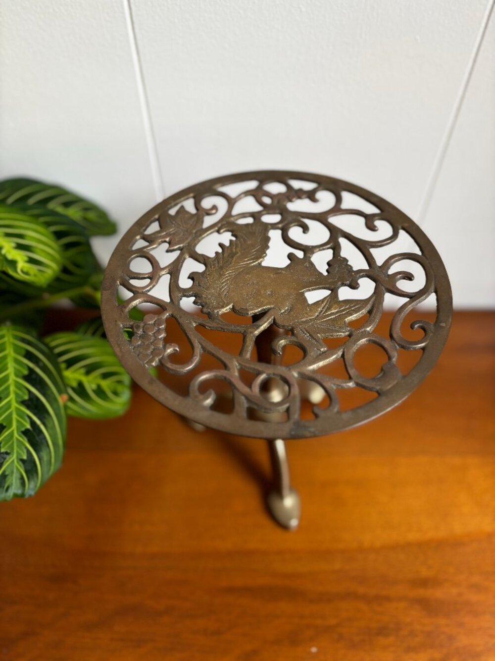 Vintage Brass Trivet Table Squirrel Motif Footed Plant Stand